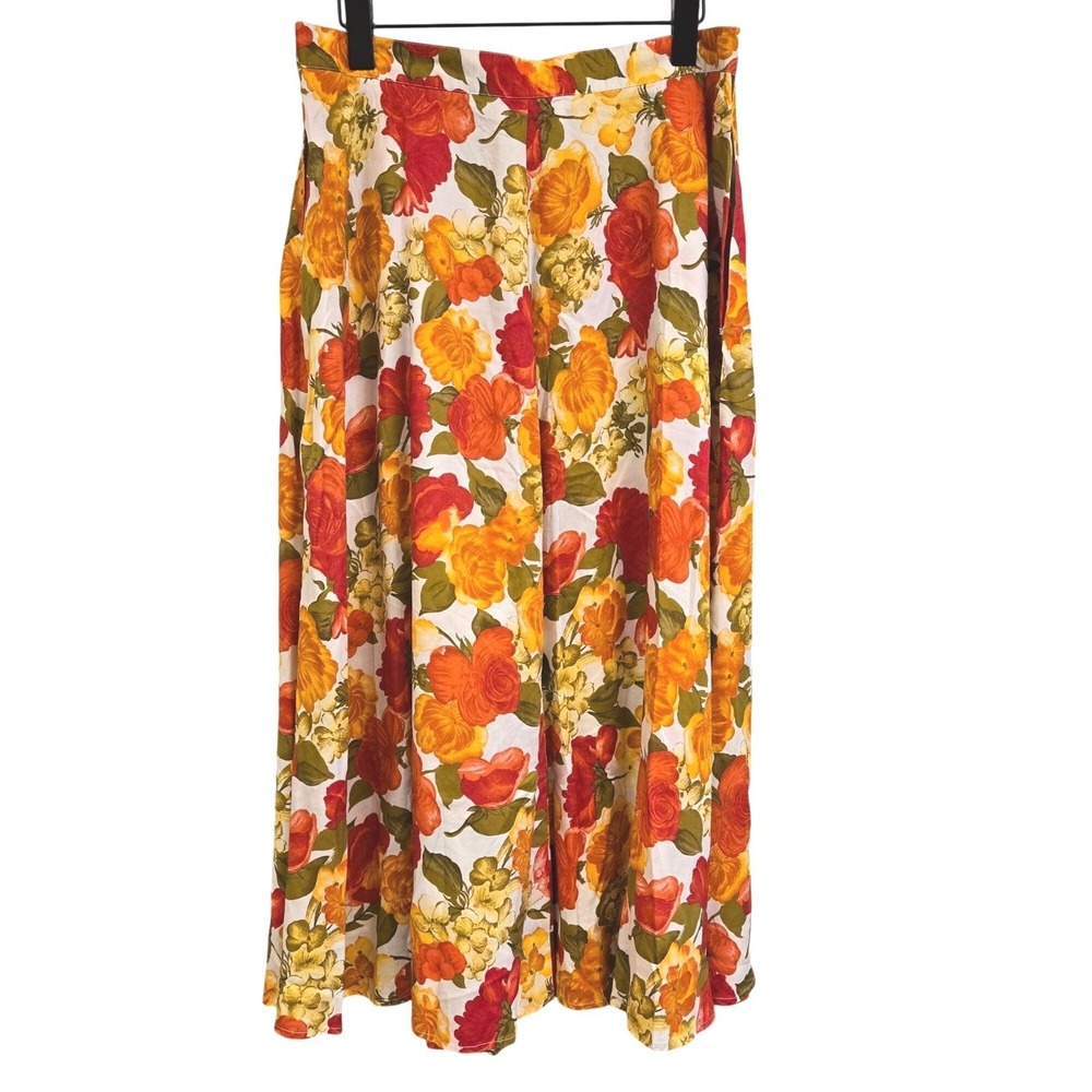 Vintage‎ 90s Cottagecore Boho Floral Button Front Maxi Skirt Orange Yellow 30